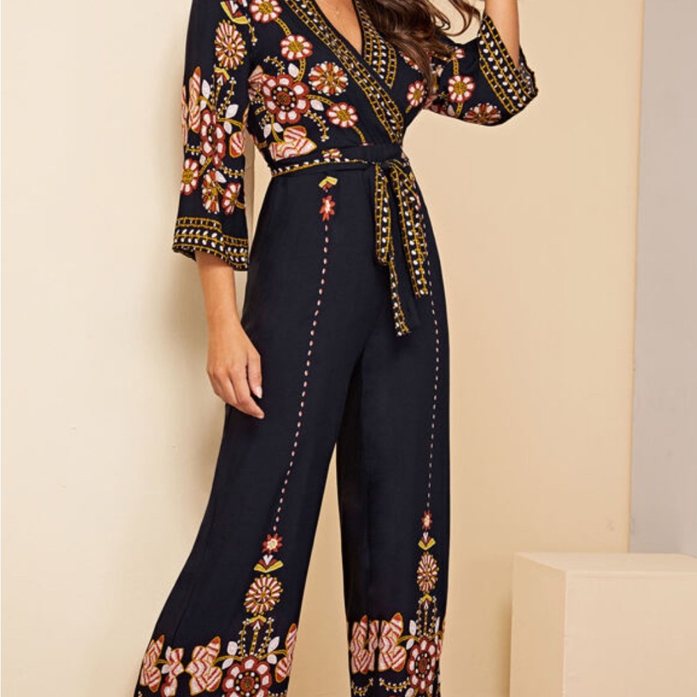 Embroidered Black Floral Wrap Jumpsuit